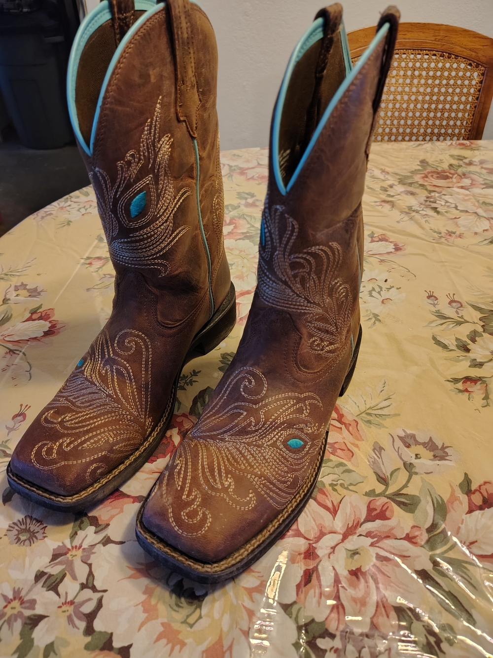 Brown Leather Western Boots with Turquoise Accents